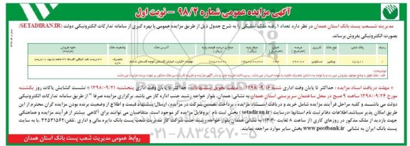 آگهی مزایده ،مزایده فروش یک رقبه ملک تملیکی 297.80 مترمربع نوبت اول