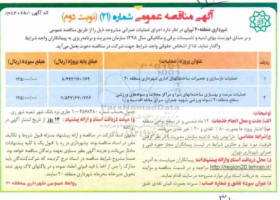 مناقصه عمومی, مناقصه عملیات بازسازی و تعمیرات ساختمانهای اداری ... نوبت  دوم 