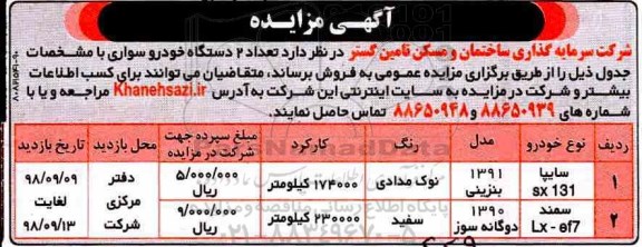 آگهی مزایده, مزایده فروش تعداد 2 دستگاه خودرو سواری