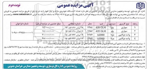 مزایده تعداد 4 دستگاه خودروی مازداد - نوبت دوم