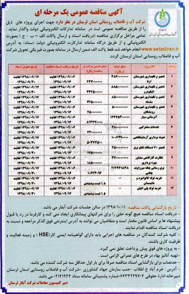 مناقصه عمومی,مناقصه تعمیر و نگهداری، نمونه برداری آزمایشگاهی ...