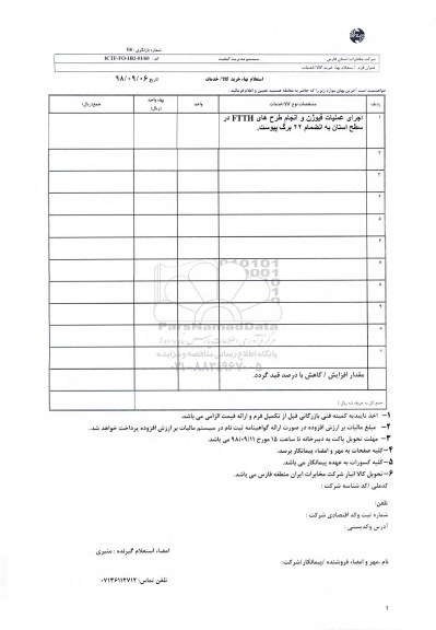 استعلام اجرای عملیات فیوژن و انجام طرحهای FTTH در سطح استان 