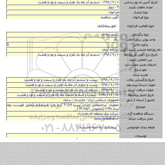 عملیات ساختمانی احداث پست ۲۰/۶۳ کیلو ولت فریدونکنار،مطابق فهرست بهاء سال ۱۳۹۸ ( عمومی ۹۸/۱-۴۲ )