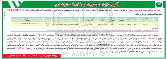 آگهی مزایده ،مزایده فروش یک رقبه ملک تملیکی 297.80 مترمربع نوبت دوم 