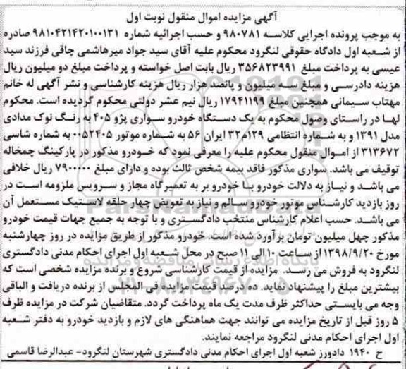 آگهی مزایده مزایده یک قطعه زمین شالیزاری مرحله اول 