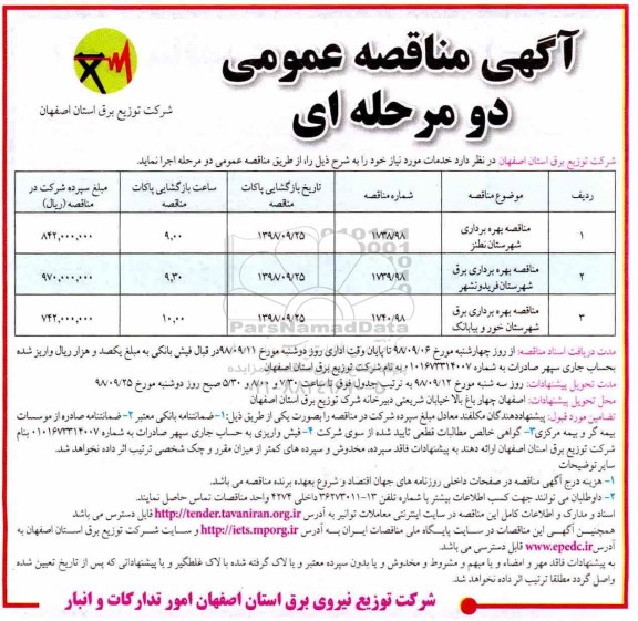 مناقصه عمومی , مناقصه بهره برداری برق 