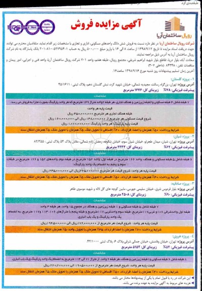 آگهی مزایده مزایده فروش ششدانگ واحدهای مسکونی ، اداری و تجاری