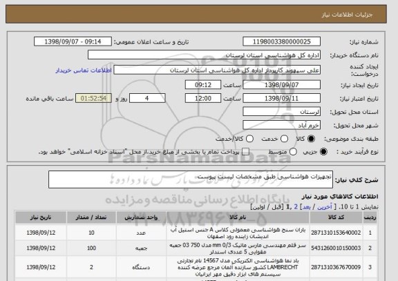 استعلام تجهیزات هواشناسی طبق مشخصات لیست پیوست