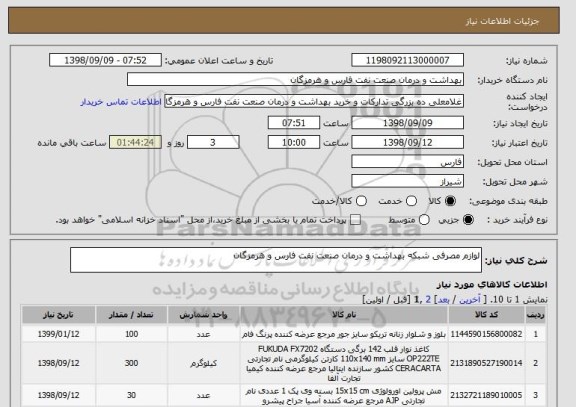استعلام لوازم مصرفی شبکه بهداشت و درمان صنعت نفت فارس و هرمزگان