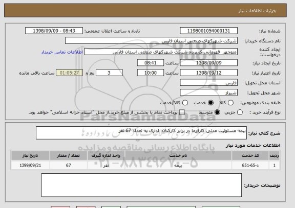استعلام بیمه مسئولیت مدنی کارفرما در برابر کارکنان  اداری به تعداد 67 نفر