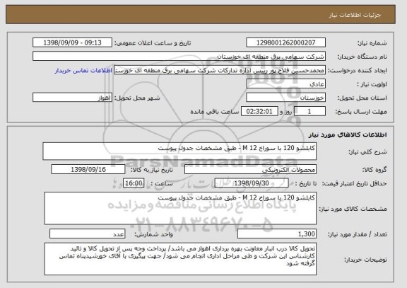 استعلام کابلشو 120 با سوراخ 12 M - طبق مشخصات جدول پیوست
