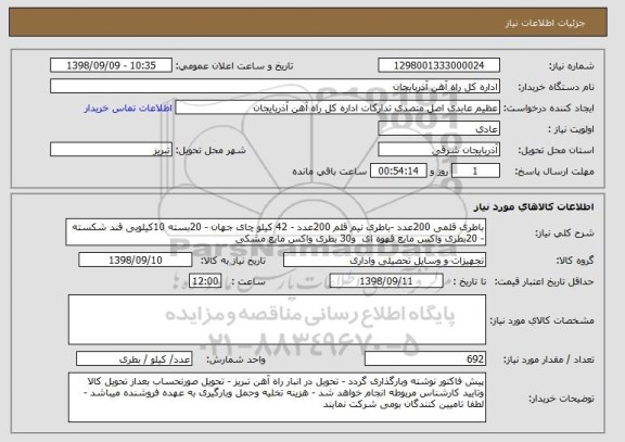 استعلام باطری قلمی 200عدد -باطری نیم قلم 200عدد - 42 کیلو چای جهان - 20بسته 10کیلویی قند شکسته - 20بطری واکس مایع قهوه ای  و30 بطری واکس مایع مشکی