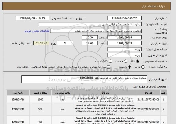 استعلام ست و سوزن و پودر دیالیز طبق درخواست تلفن 64005648