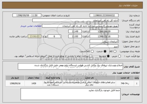 استعلام اصلاح ونوسازی تیرهای برق وکابل کشی هوایی ایستگاه پرویز بهمن طبق فایل بارگذاری شده