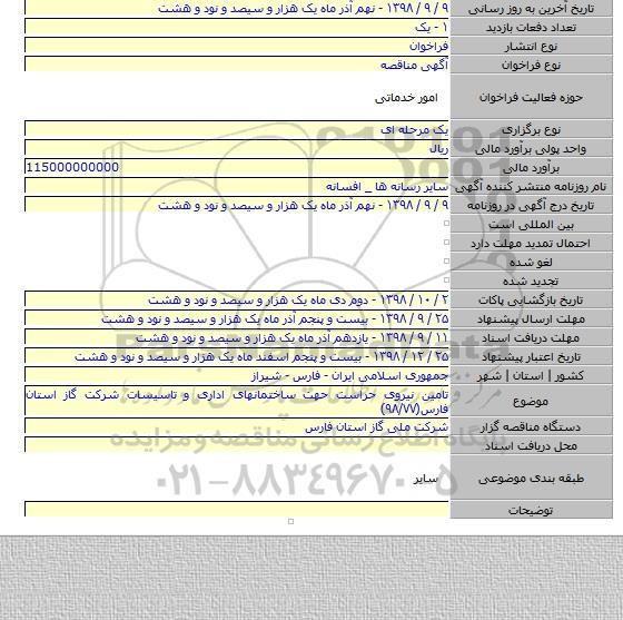 تامین نیروی حراست حهت ساختمانهای اداری و تاسیسات شرکت گاز استان فارس(۹۸/۷۷)