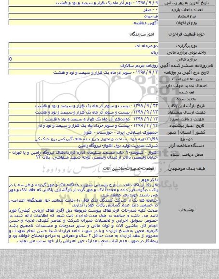 ۲۱/۹۸ تهیه مواد، ساخت و تحویل چرخ دنده های گیربکس برج خنک کن
