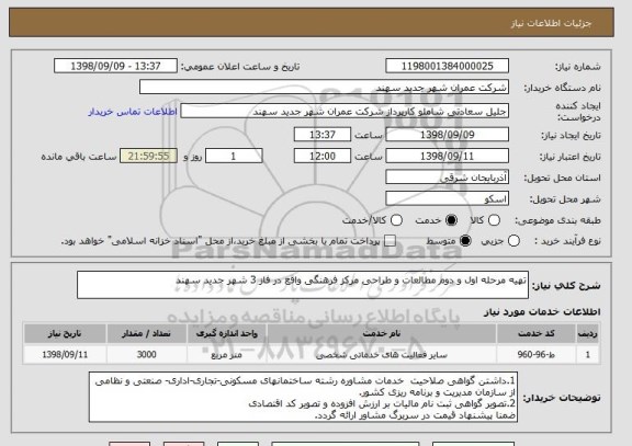 استعلام تهیه مرحله اول و دوم مطالعات و طراحی مرکز فرهنگی واقع در فاز 3 شهر جدید سهند
