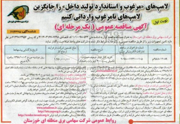 مناقصه، مناقصه خرید کابل فشار ضعیف عملیات تکمیلی پست 400 کیلوولت 