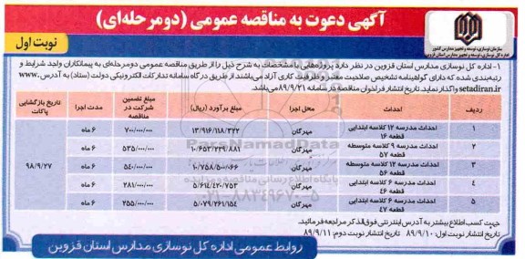 مناقصه, مناقصه احداث مدرسه 12 کلاسه ابتدایی