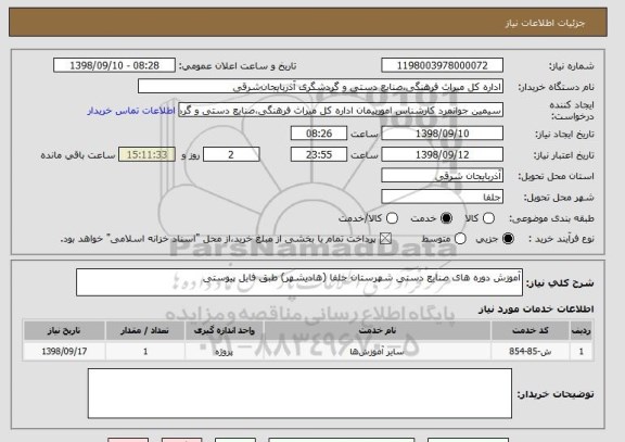 استعلام آموزش دوره های صنایع دستی شهرستان جلفا (هادیشهر) طبق فایل پیوستی
