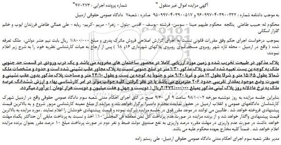 مزایده، مزایده فروش ششدانگ عرصه ملک 