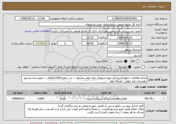 استعلام انجام مطالعات جامع آبخیزداری حوزه شهری  بازه حوض مشهد     در سطح 11000هکتار – شهرستان مشهد  دهستان بازه حوض - مرحله دوم
