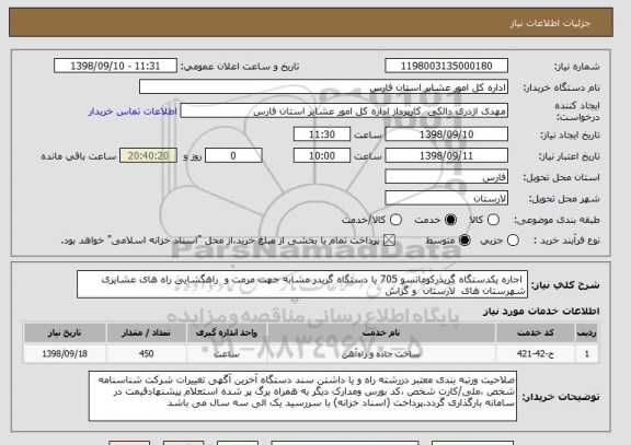 استعلام  اجاره یکدستگاه گریدرکوماتسو 705 یا دستگاه گریدر مشابه جهت مرمت و  راهگشایی راه های عشایری شهرستان های  لارستان  و گراش