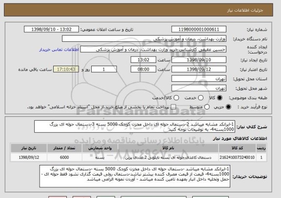 استعلام 1-ایرانکد مشابه میباشد 2-دستمال حوله ای داخل مخزن کوچک 5000 بسته 3-دستمال حوله ای بزرگ 1000بسته4- به توضیحات توجه کنید
