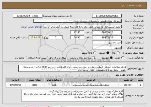 استعلام انجام مطالعات تفضیلی اجرایی و طراحی سد زیر زمینی حوزه کالو کلات در سطح 8000 هکتار – شهرستان کلات – بخش مرکزی دهستان - کالو –مرحله دوم