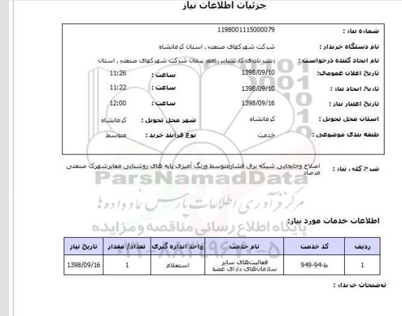 استعلام اصلاح وجابجایی شبکه برق فشارمتوسط ورنگ آمیزی پایه های روشنایی معابرشهرک صنعتی مرصاد