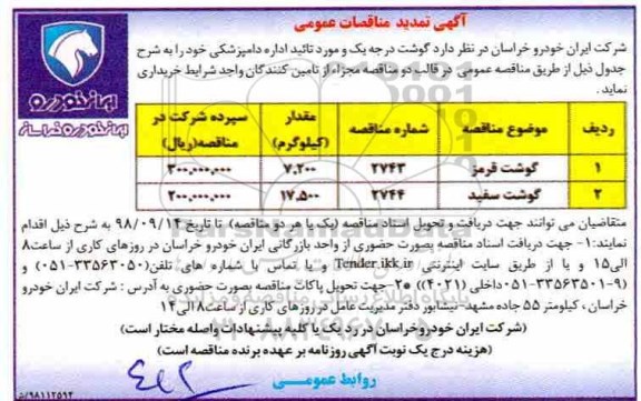 تمدید مناقصات عمومی , تمدید مناقصه گوشت درجه یک