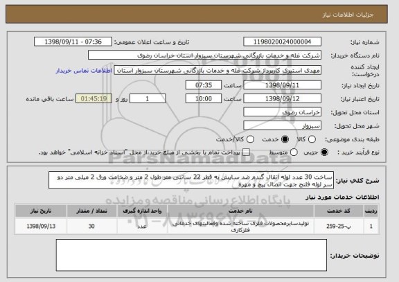 استعلام ساخت 30 عدد لوله انقال گندم ضد سایش به قطر 22 سانتی متر طول 2 متر و ضخامت ورق 2 میلی متر دو سر لوله فلنج جهت اتصال پیچ و مهره