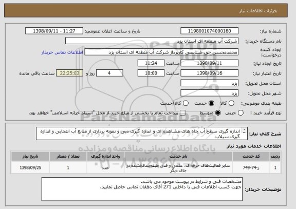استعلام اندازه گیری سطح آب چاه های مشاهده ای و اندازه گیری دبی و نمونه برداری از منابع آب انتخابی و اندازه گیری سیلاب
