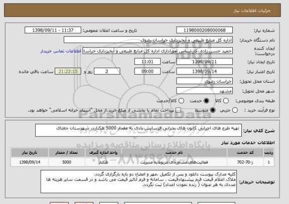 استعلام  تهیه طرح های اجرایی کانون های بحرانی فرسایش بادی به مقدار 5000 هکتاردر شهرستان جغتای