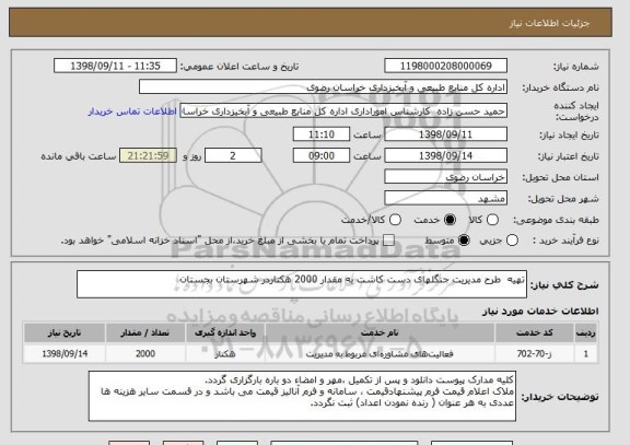 استعلام تهیه  طرح مدیریت جنگلهای دست کاشت به مقدار 2000 هکتاردر شهرستان بجستان