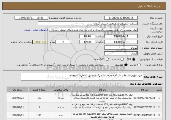 استعلام خرید لوازم انشعاب شبکه فاضلاب شهرک صنعتی شماره1 جیرفت