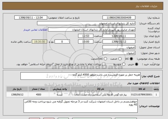 استعلام هزینه حمل بر عهده فزوشنده می باشد-منظور 4500 کیلو گرم-