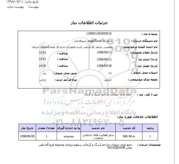 استعلام جمع اوری حیوانات مزاحم (سگ و گربه)
