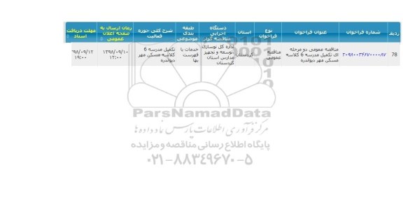 مناقصه عمومی, مناقصه عمومی تکمیل مدرسه 2 کلاسه مسکن مهر دیواندره 