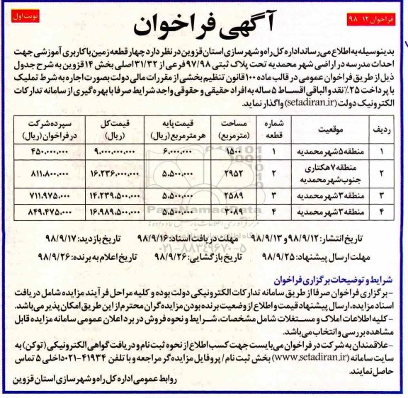 فراخوان, فراخوان اجاره چهار قطعه زمین