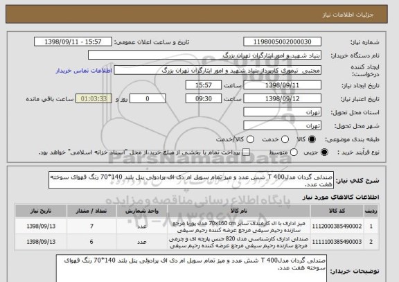 استعلام صندلی گردان مدلT 400 شش عدد و میز تمام سوبل ام دی اف پرادوئی پنل بلند 140*70 رنگ قهوای سوخته هفت عدد.
