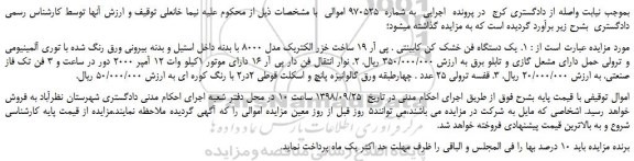 مزایده، مزایده فروش یک دستگاه فن خشک کن کابینتی . پی آر 19 و...