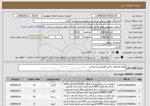 استعلام لوازم مصرفی بخش اورژانس و جراحی