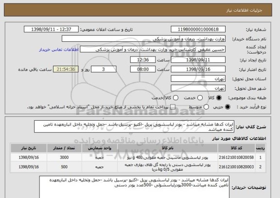 استعلام ایران کدها مشابه میباشد - پودر لباسشویی پریل -اکتیو -پرسیل باشد -حمل وتخلیه داخل انباربعهده تامین کننده میباشد