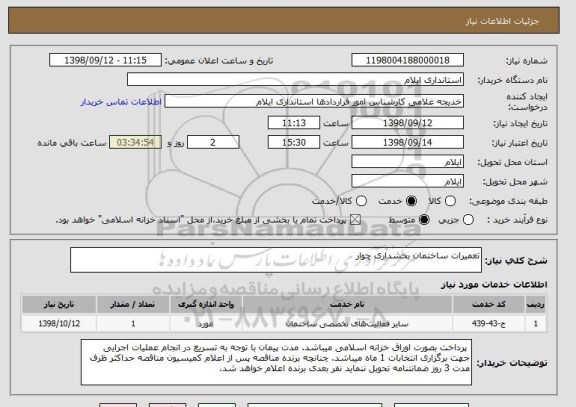 استعلام تعمیرات ساختمان بخشداری چوار