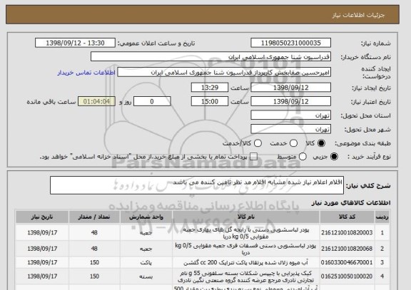 استعلام اقلام اعلام نیاز شده مشابه اقلام مد نظر تامین کننده می باشد