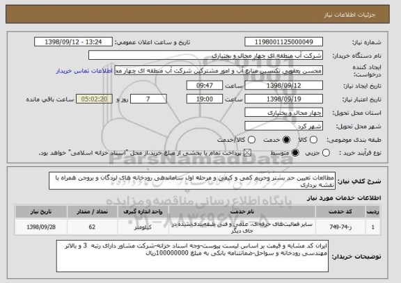 استعلام مطالعات تعیین حد بستر وحریم کمی و کیفی و مرحله اول ساماندهی رودخانه های لردگان و بروجن همراه با نقشه برداری