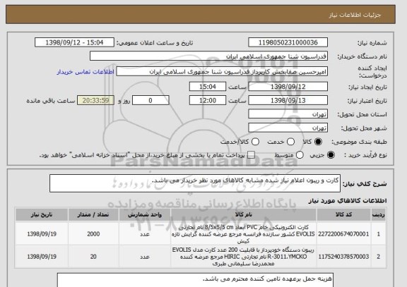 استعلام کارت و ریبون اعلام نیاز شده مشابه کالاهای مورد نظر خریدار می باشد.