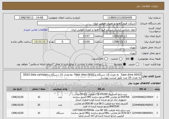 استعلام Tape drive DDS3  به تعداد 10 دستگاه و Tape drive DDS2  به تعداد 10 دستگاه و DDS3 Data cartridge  به تعداد 20 عدد طبق لیست پیوست