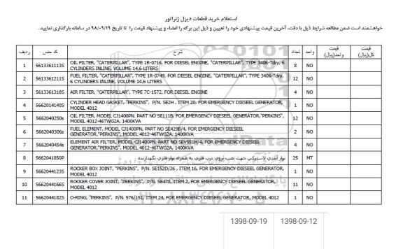 استعلام، استعلام خرید قطعات دیزل ژنراتور 